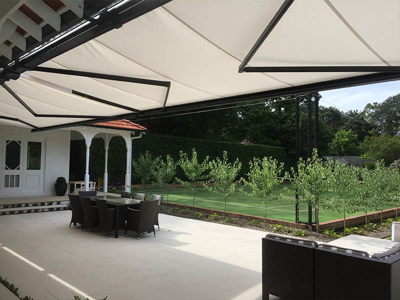 folding arm awnings shade your outdoor area without the need of posts and are completely out of sight when retracted